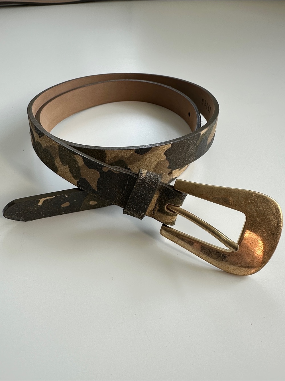 Woman’s Camouflage Belt with Antiqued Brass Buckle size extra small